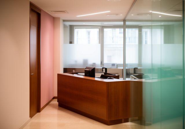 Recepción tranquila de despacho de abogados en Madrid con mesa de madera, cristal y luz natural