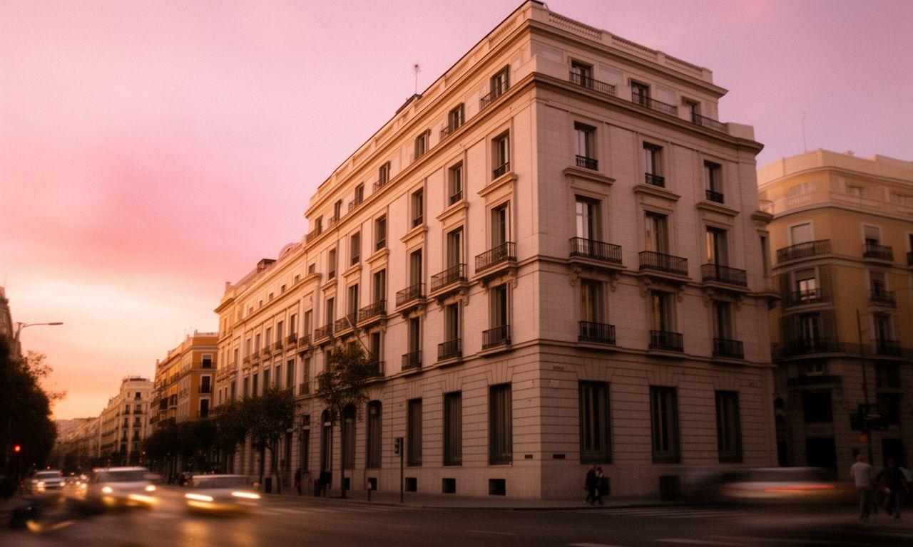 Fachada elegante de un despacho jurídico en Madrid al atardecer, con luz cálida y tráfico urbano discreto